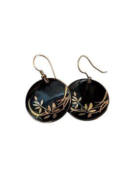 Laurel Burch Cloisonne Earrings Wind Flower Black and Gold